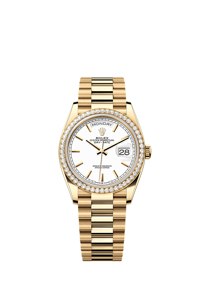 デイデイト 36, オイスター、36 mm、イエローゴールド、ダイヤモンド, ダイアル : ホワイト, Rolex