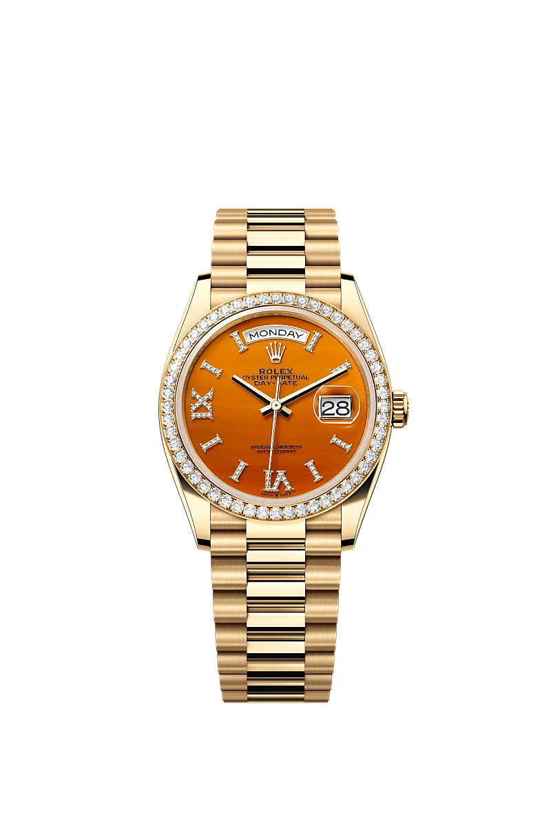 Day-Date 36, Oyster, 36 mm, ouro amarelo e diamantes, Mostrador : Cornalina, cravejado com diamantes, Rolex