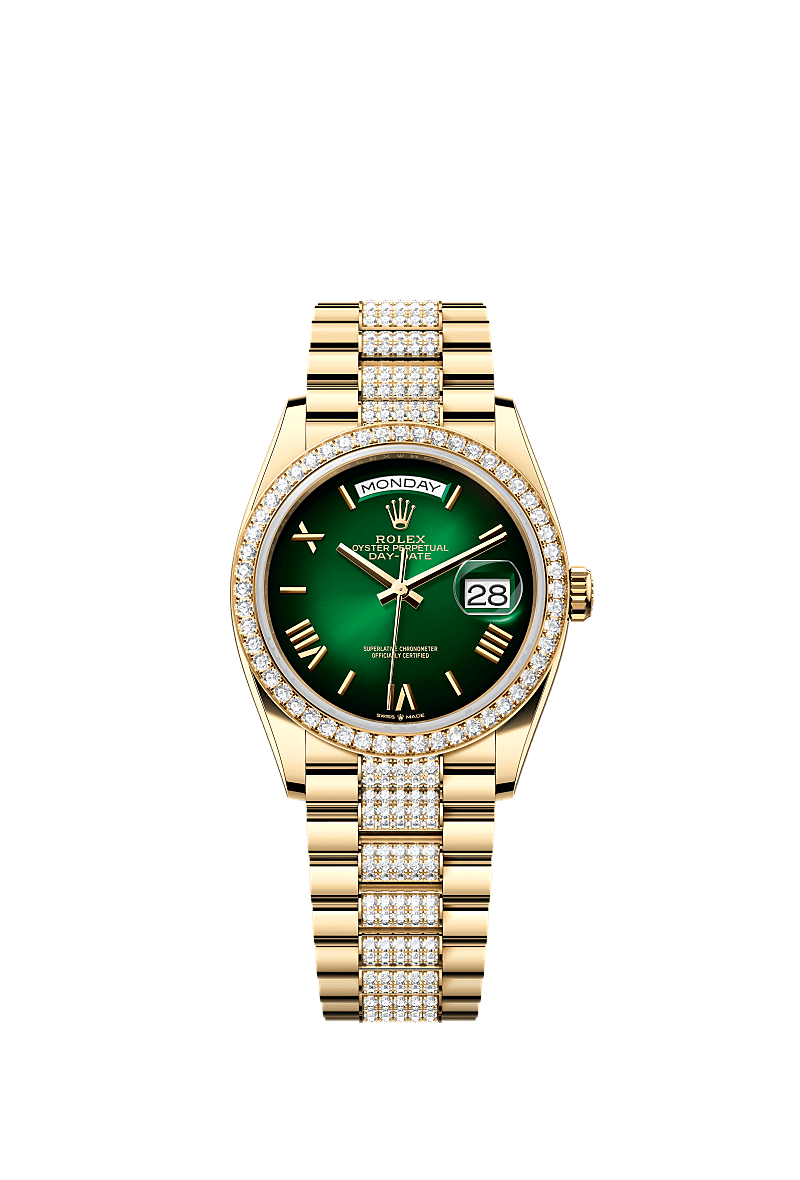 Day-Date 36, Oyster, 36 mm, oro giallo e diamanti, Quadrante : Verde <i>ombré</i>, Rolex