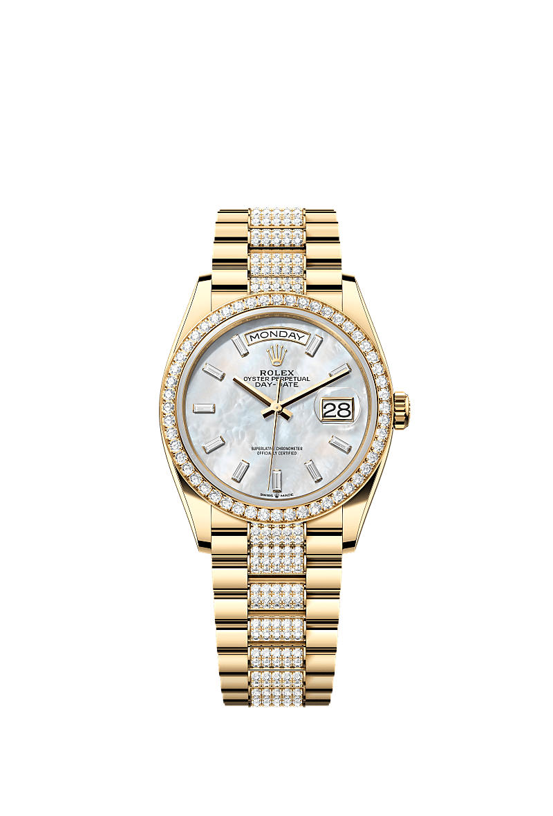 Day-Date 36, Oyster, 36 mm, żółte złoto i brylanty, Tarcza : Biała, z masy perłowej, wysadzana brylantami, Rolex