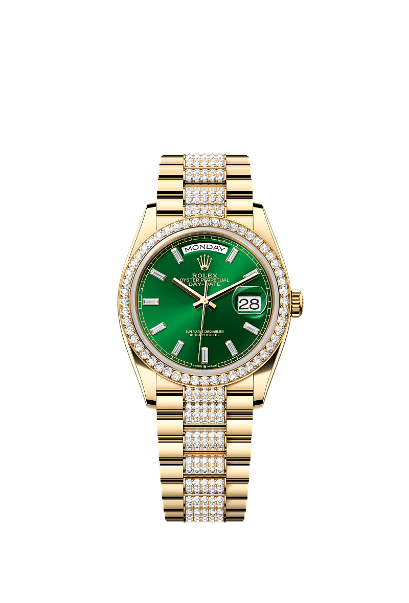 Day-Date 36, Oyster, 36 mm, emas kuning dan berlian, Permukaan : Hijau cerah bertatahkan berlian, Rolex