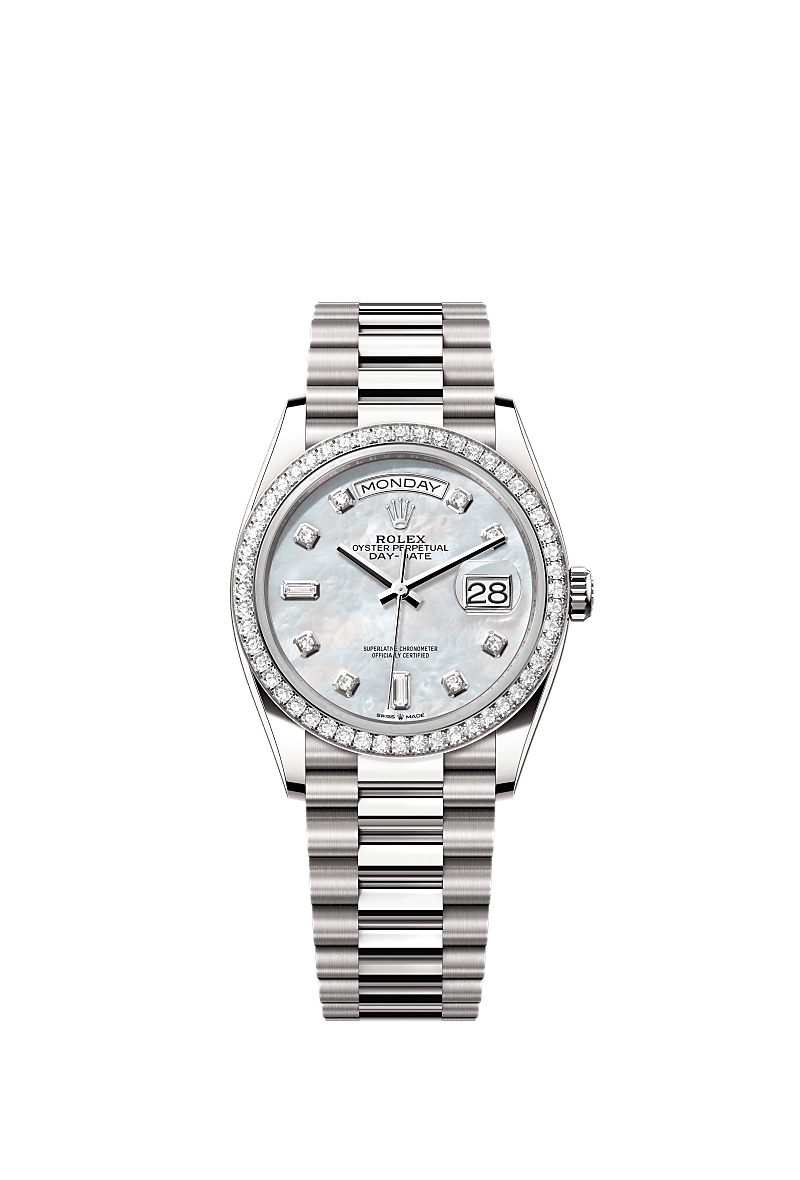 Day-Date 36, Oyster, 36 mm, white gold and diamonds, Dial : White mother-of-pearl set with diamonds, Rolex