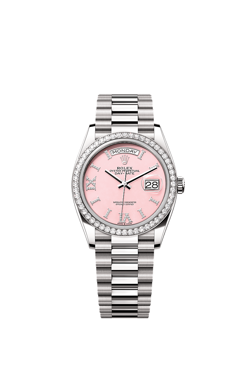 Day-Date 36, Oyster, 36 mm, witgoud en diamanten, Wijzerplaat : Roze opaal bezet met diamanten, Rolex