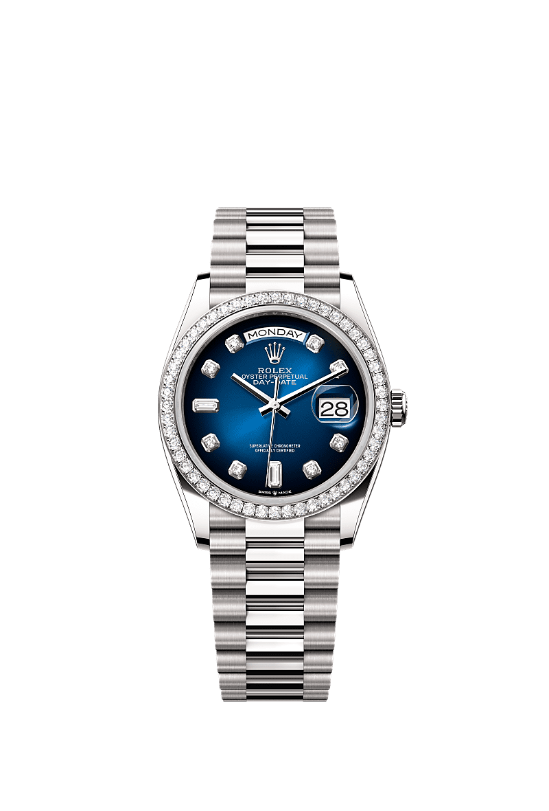 Day-Date 36, Oyster, 36 mm, oro bianco e diamanti, Quadrante : Blu ombré con diamanti, Rolex