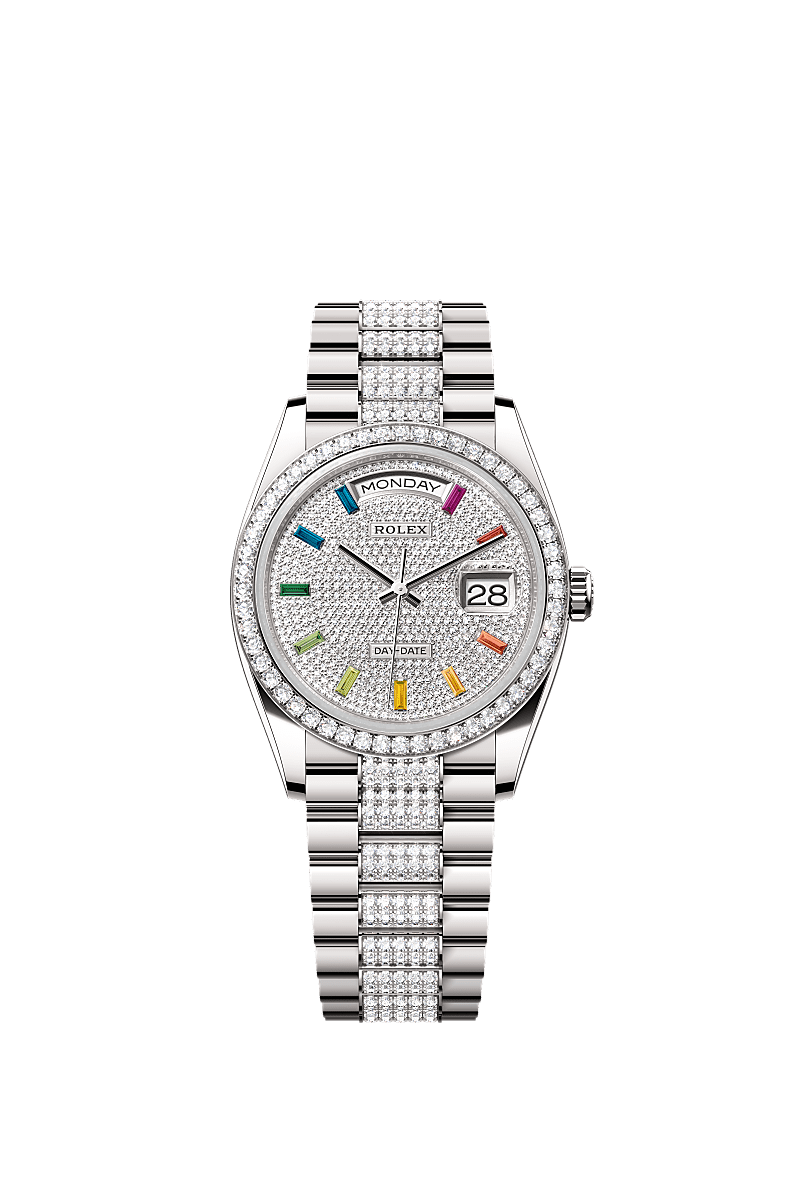 Day-Date 36, Oyster, 36 mm, or gris et diamants, Cadran : Pavé de diamants, Rolex
