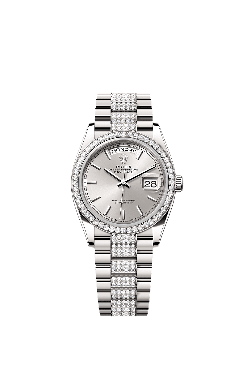 Day-Date 36, Oyster, 36 mm, ouro branco e diamantes, Mostrador : Prateado, Rolex
