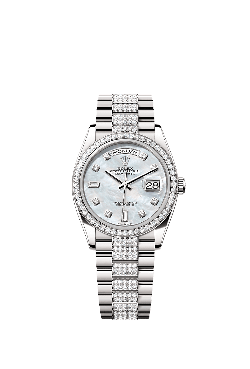 Day-Date 36, Oyster, 36 mm, beyaz altın ve pırlanta, Kadran : Pırlantalı beyaz sedef, Rolex