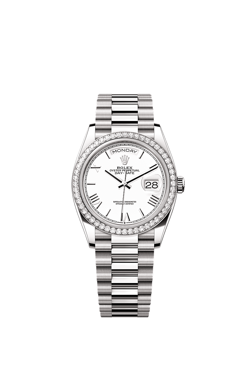 Day-Date 36, Oyster, 36 mm, oro blanco y diamantes, Esfera : Blanca, Rolex