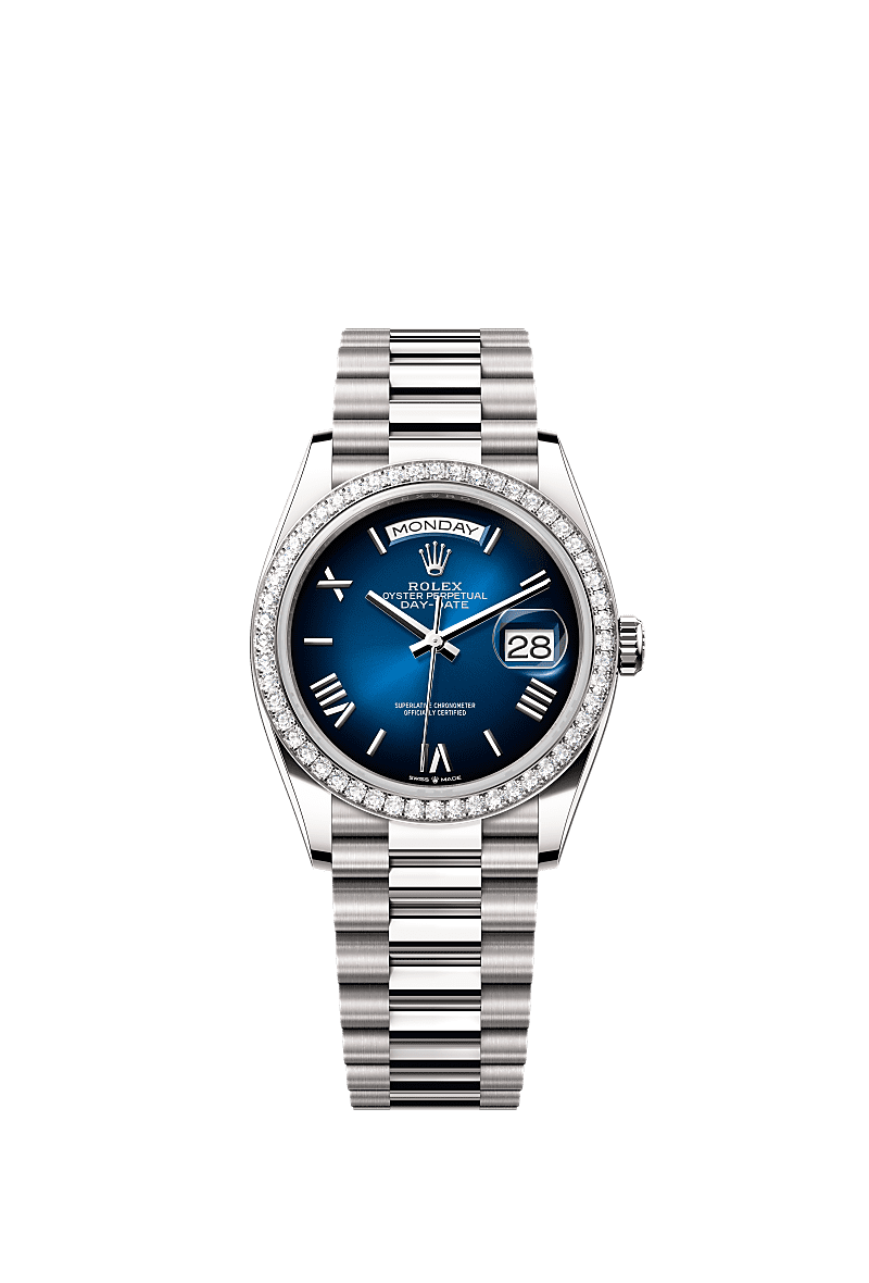 Day-Date 36, Oyster, 36 mm, emas putih dan berlian, Permukaan : Ombre biru, Rolex