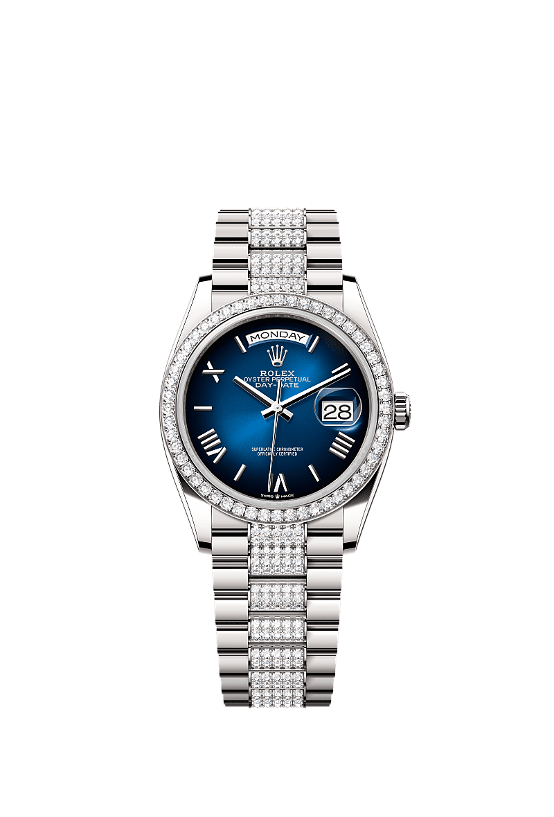 星期日历型 36, 蚝式,36毫米,钻石及白色黄金, 表盘 : 渐变蓝色, Rolex