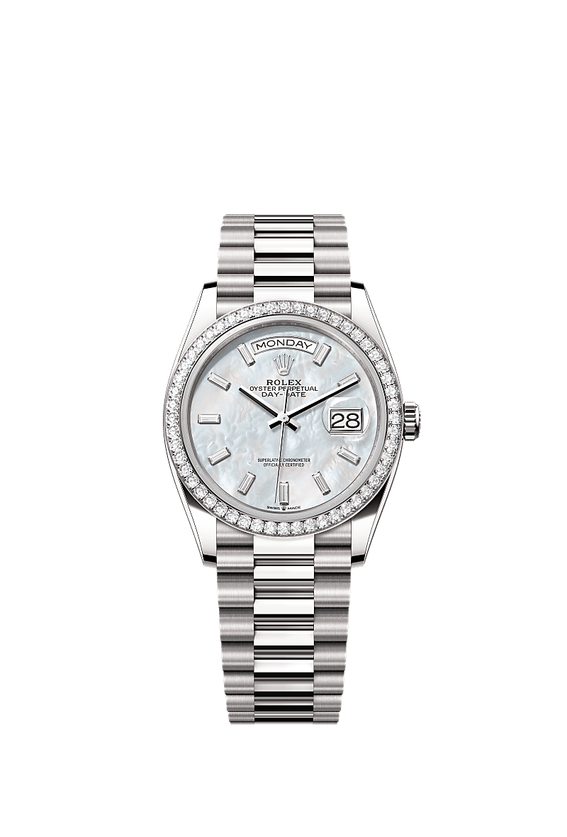 Day-Date 36, Oyster, 36 mm, white gold and diamonds, Dial : White mother-of-pearl set with diamonds, Rolex