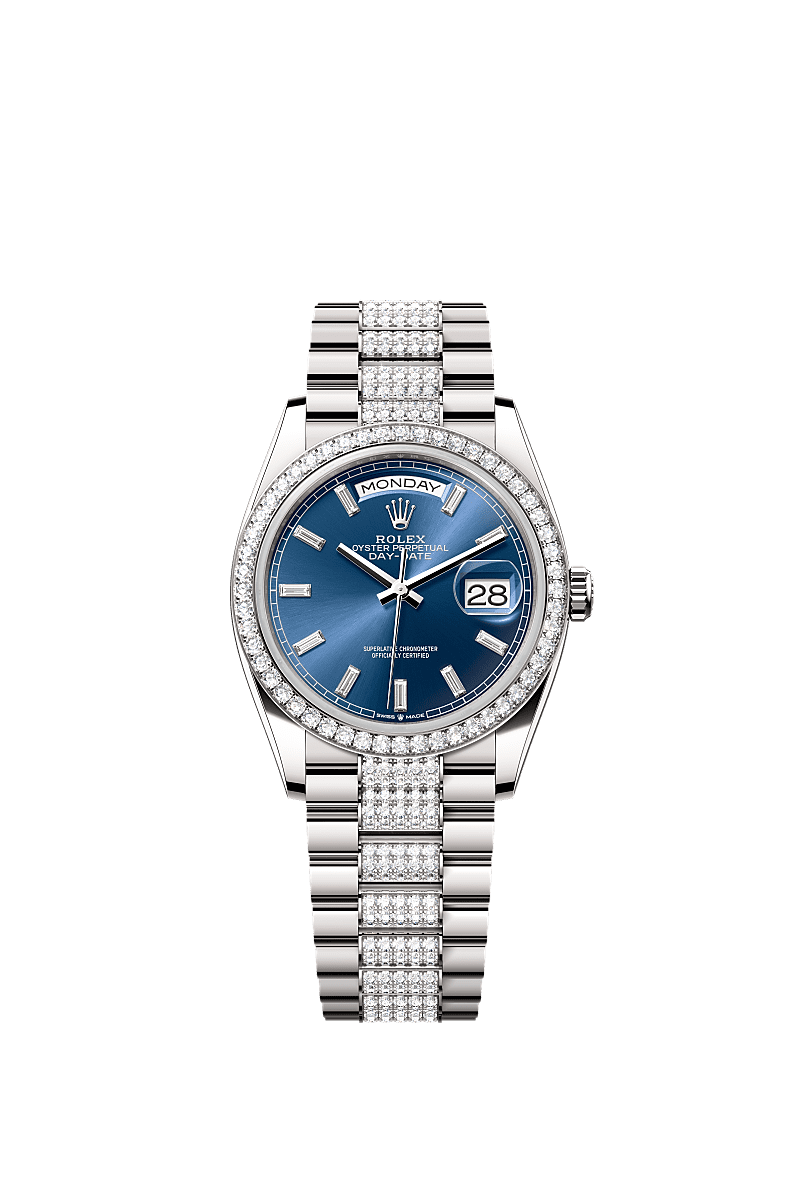 デイデイト 36, オイスター、36 mm、ホワイトゴールド、ダイヤモンド, ダイアル : ダイヤモンド入りブライトブルー, Rolex