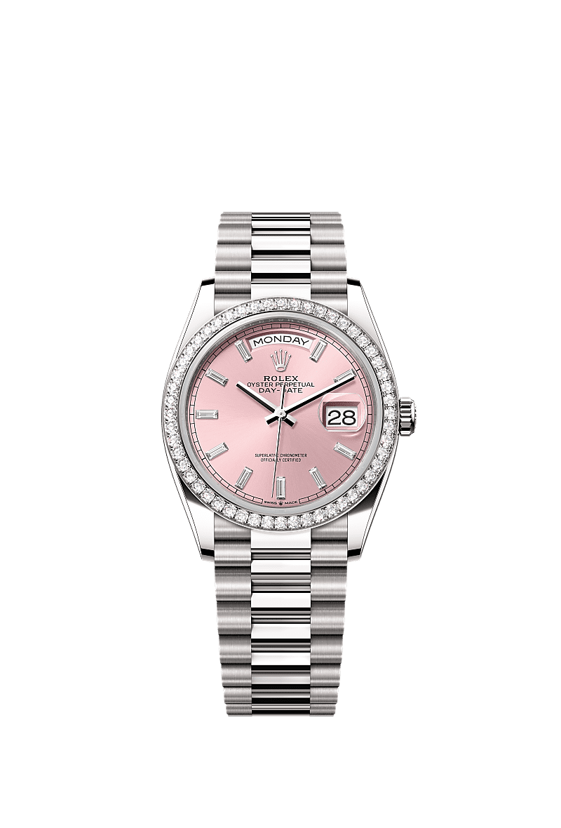 Day-Date 36, Oyster, 36 มม., ทองคำขาวและเพชร, หน้าปัด : สีชมพูประดับด้วยเพชร, Rolex