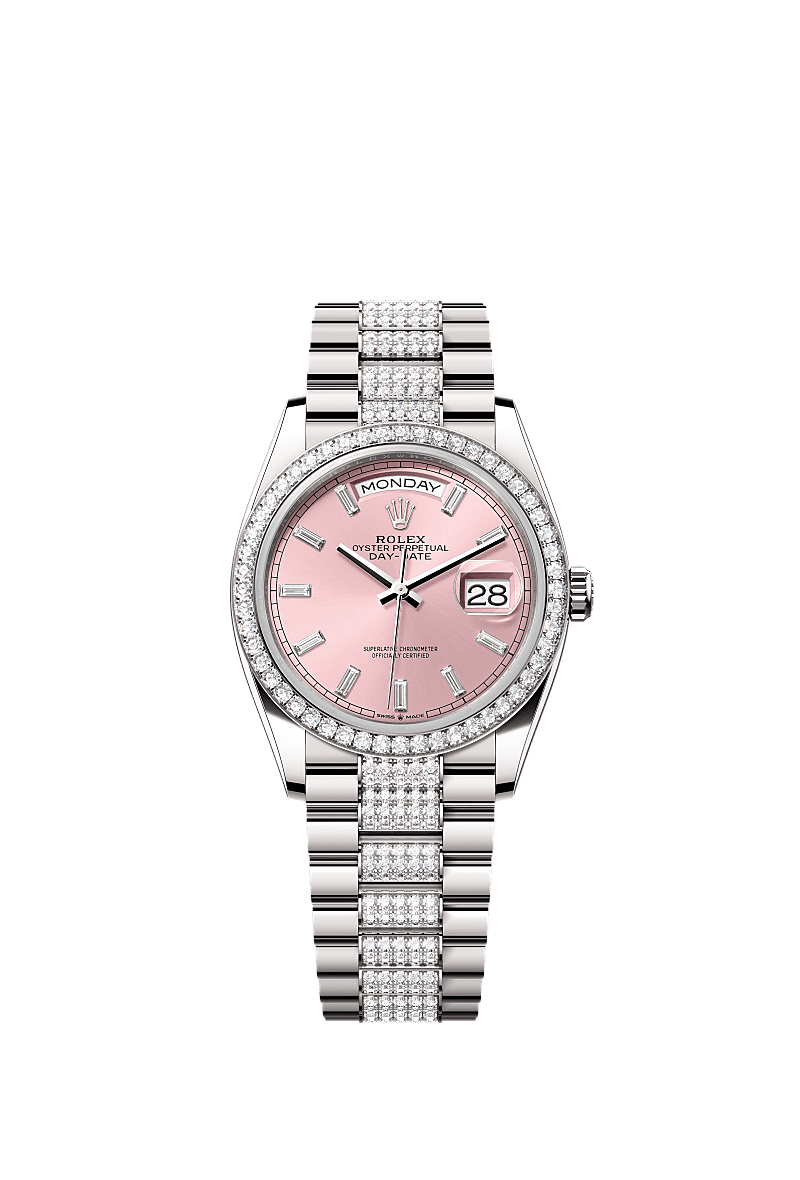 Day-Date 36, Oyster, 36 mm, or gris et diamants, Cadran : Rose, serti de diamants, Rolex