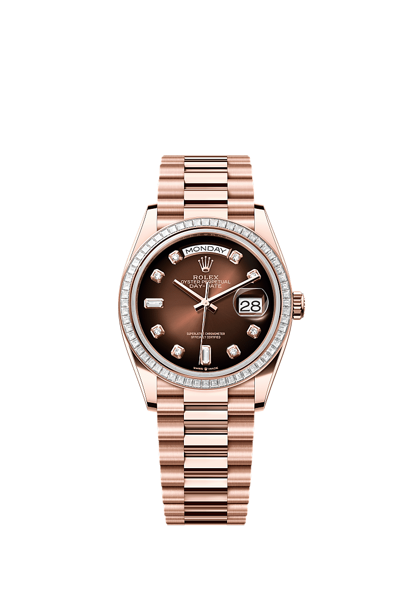 Day-Date 36, Oyster, 36 mm, or Everose et diamants, Cadran : Brun ombré, serti de diamants, Rolex
