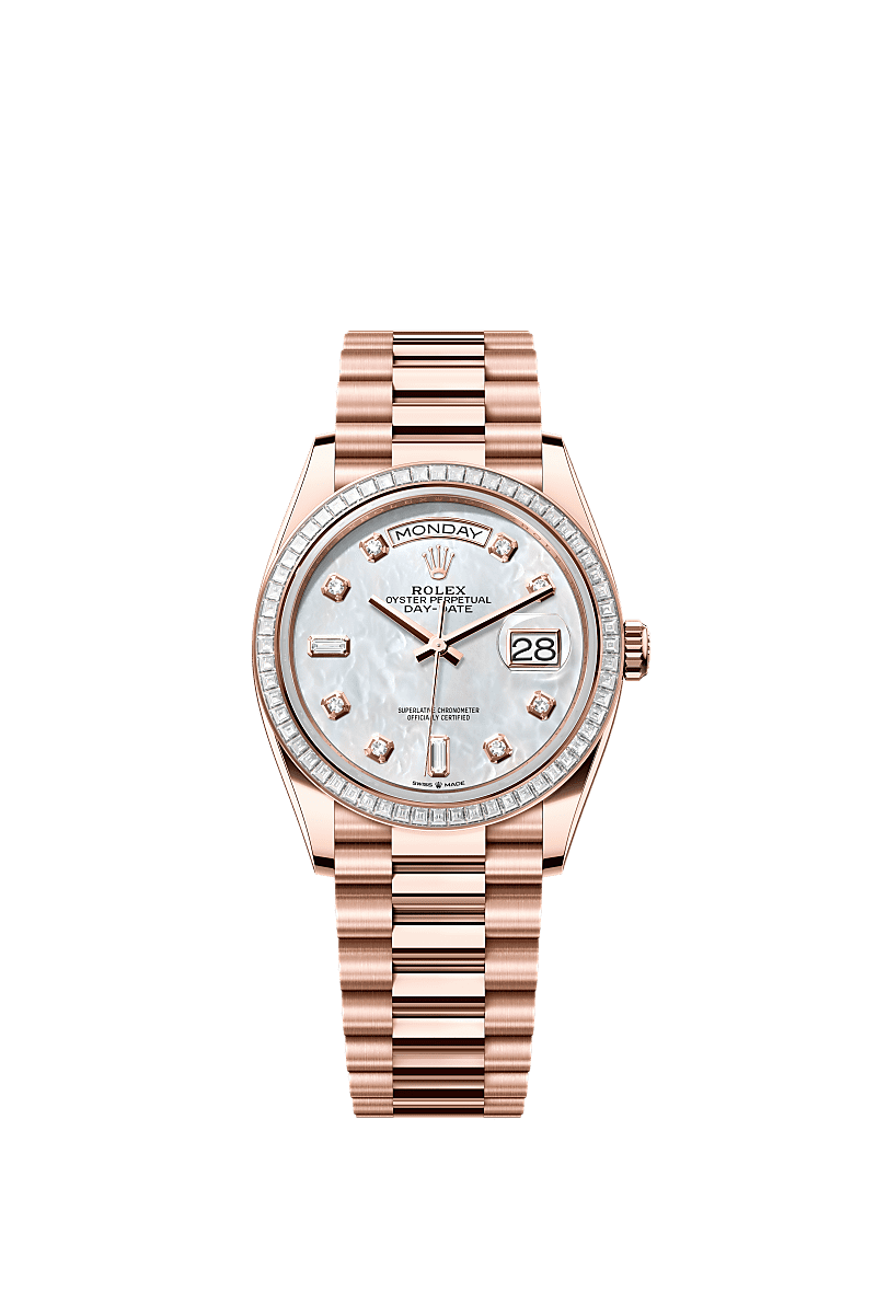 Day-Date 36, Oyster, 36 mm, or Everose et diamants, Cadran : Nacre blanche, serti de diamants, Rolex