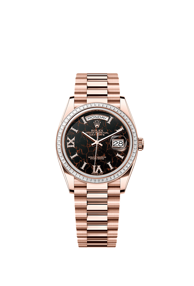 Day-Date 36, Oyster, 36 mm, Everose gold and diamonds, Dial : Eisenkiesel set with diamonds, Rolex