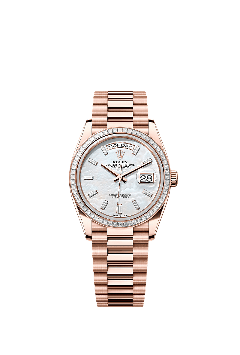 Day-Date 36, Oyster, 36 mm, Everose gold and diamonds, Dial : White mother-of-pearl set with diamonds, Rolex