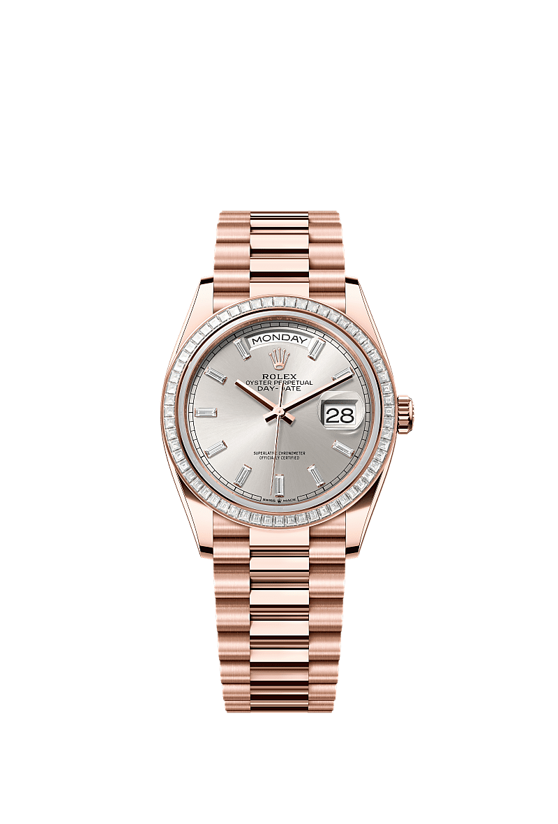 Day-Date 36, Oyster, 36 mm, emas Everose dan berlian, Permukaan : Perak dipasangkan dengan berlian, Rolex