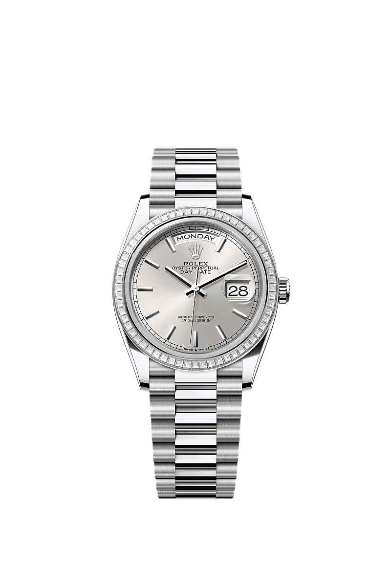 Day-Date 36, Oyster, 36 mm, platinum dan berlian, Permukaan : Perak, Rolex