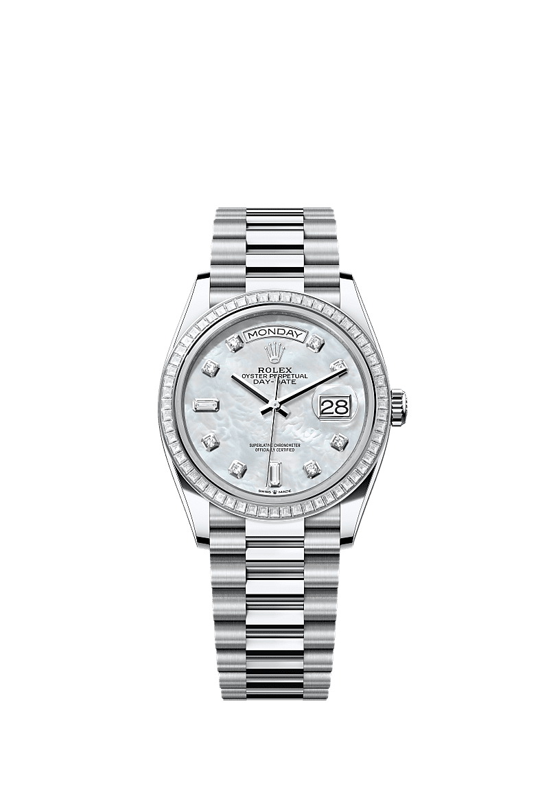 Day-Date 36, Oyster, 36 mm, platine et diamants, Cadran : Nacre blanche, serti de diamants, Rolex