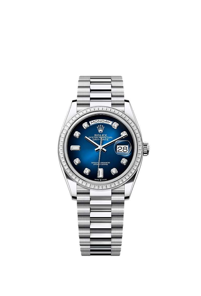 デイデイト 36, オイスター、36 mm、プラチナ、ダイヤモンド, ダイアル : ダイヤモンド入りブルーオンブレ, Rolex