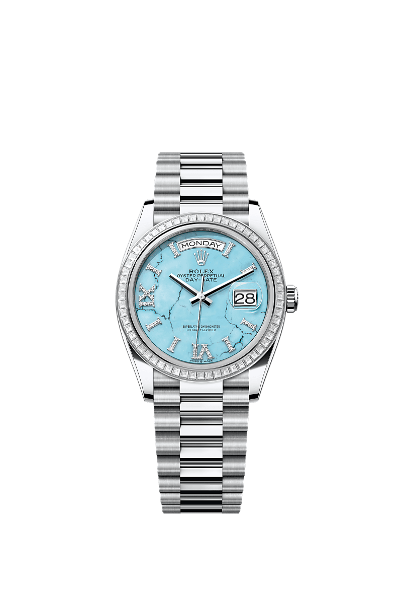 Day-Date 36, Oyster, 36 mm, bạch kim và kim cương, Mặt đồng hồ : Đá Turquoise nạm kim cương, Rolex