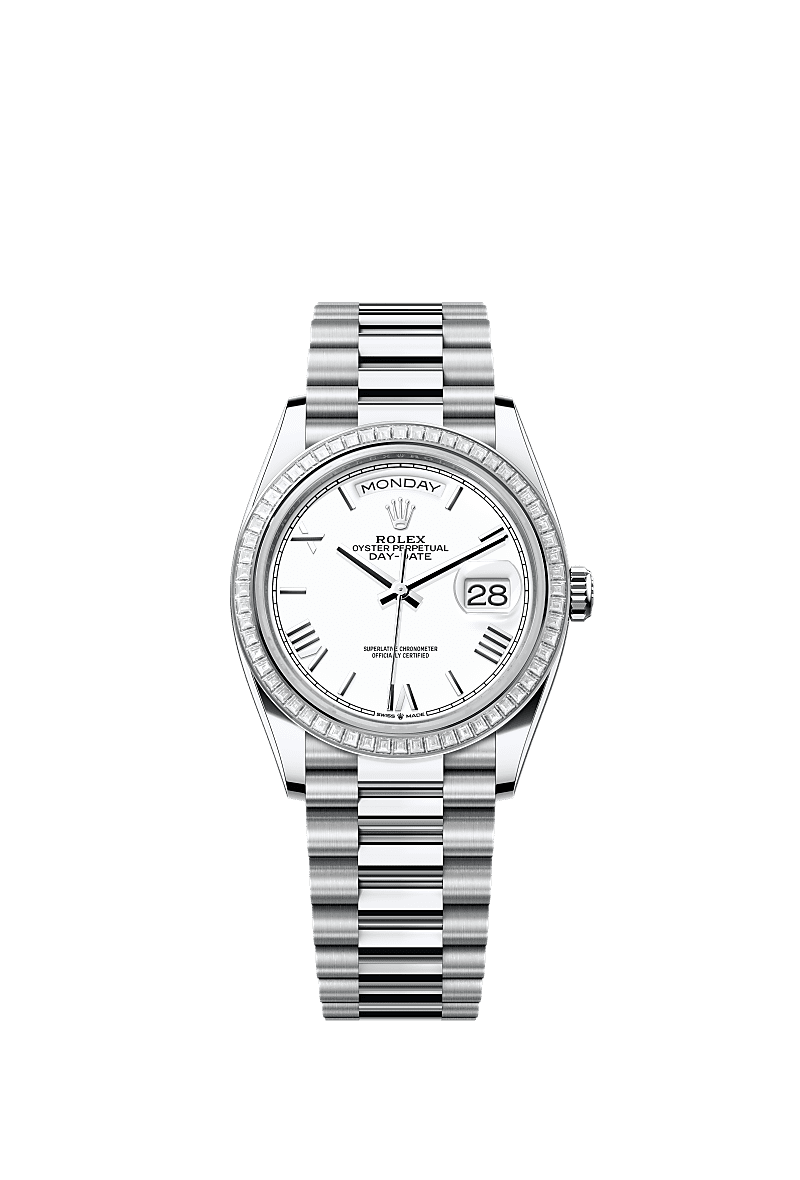 डे-डेट 36, ऑयस्टर, 36 मिमी, प्लैटिनम और डायमंड्स, डायल : सफेद, Rolex