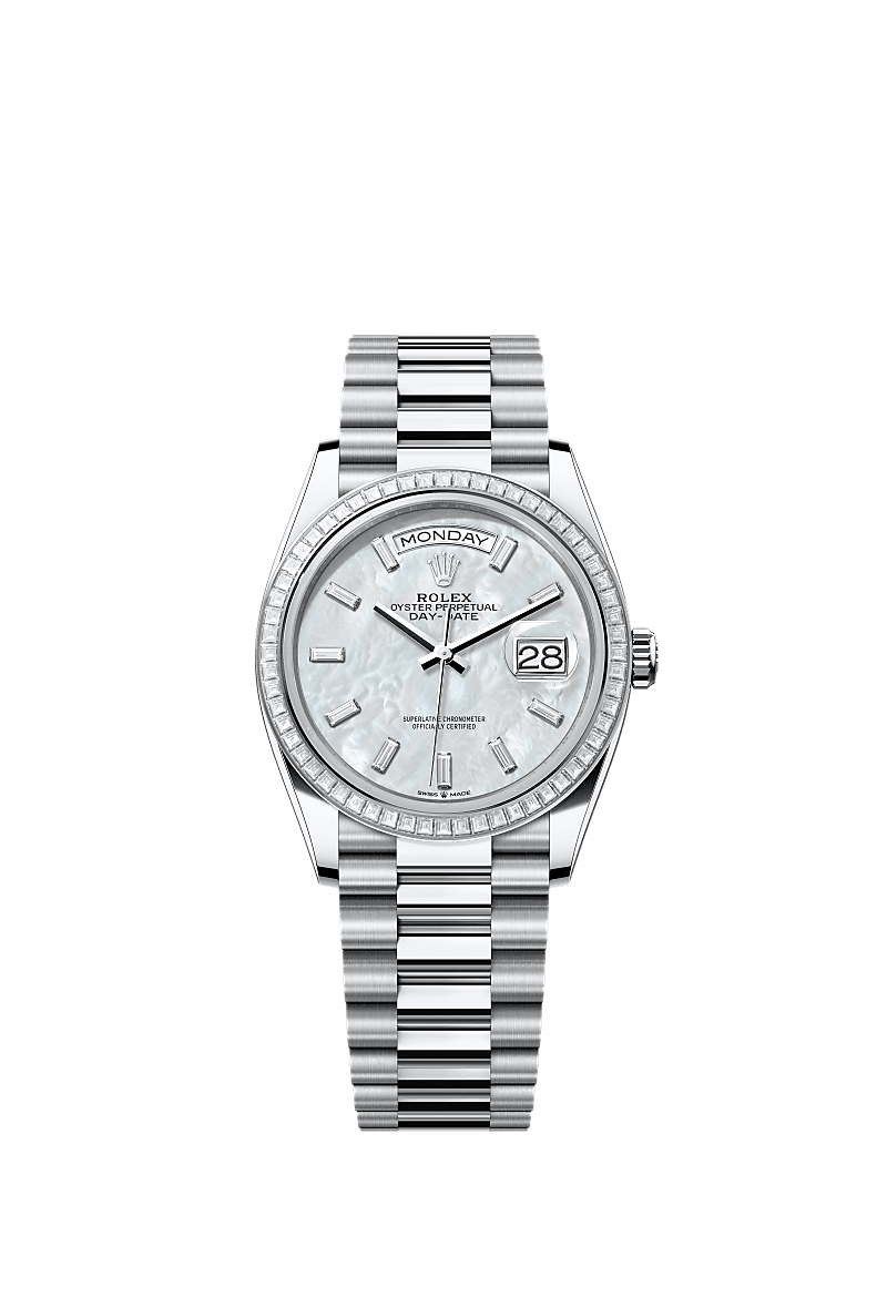 Day-Date 36, Oyster, 36 mm, platinum dan berlian, Dial : Lapisan mutiara putih, bertatahkan berlian, Rolex
