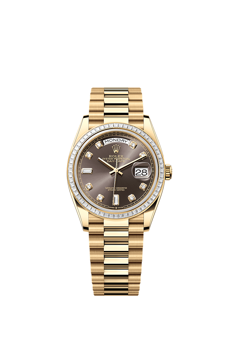 Day-Date 36, Oyster, 36 mm, oro amarillo y diamantes, Esfera : «Dark grey» engastada de diamantes, Rolex