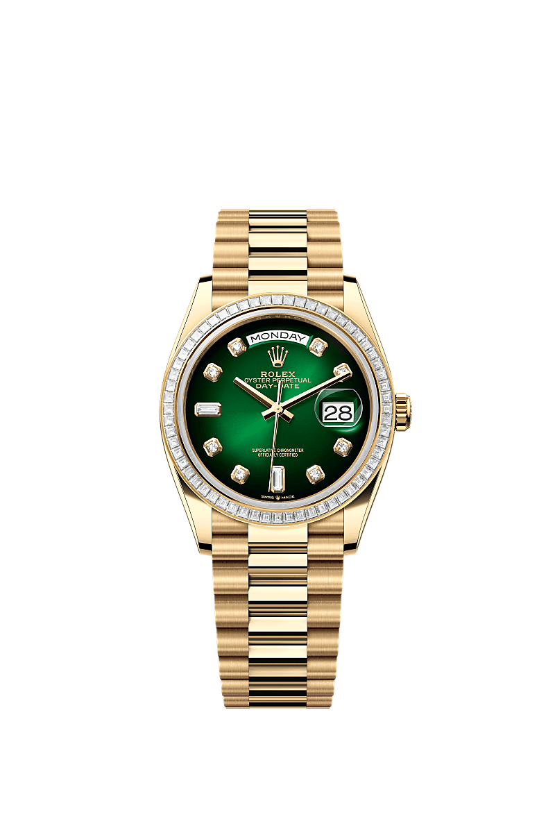 Day-Date 36, Oyster, 36 mm, oro giallo e diamanti, Quadrante : Verde ombré con diamanti, Rolex