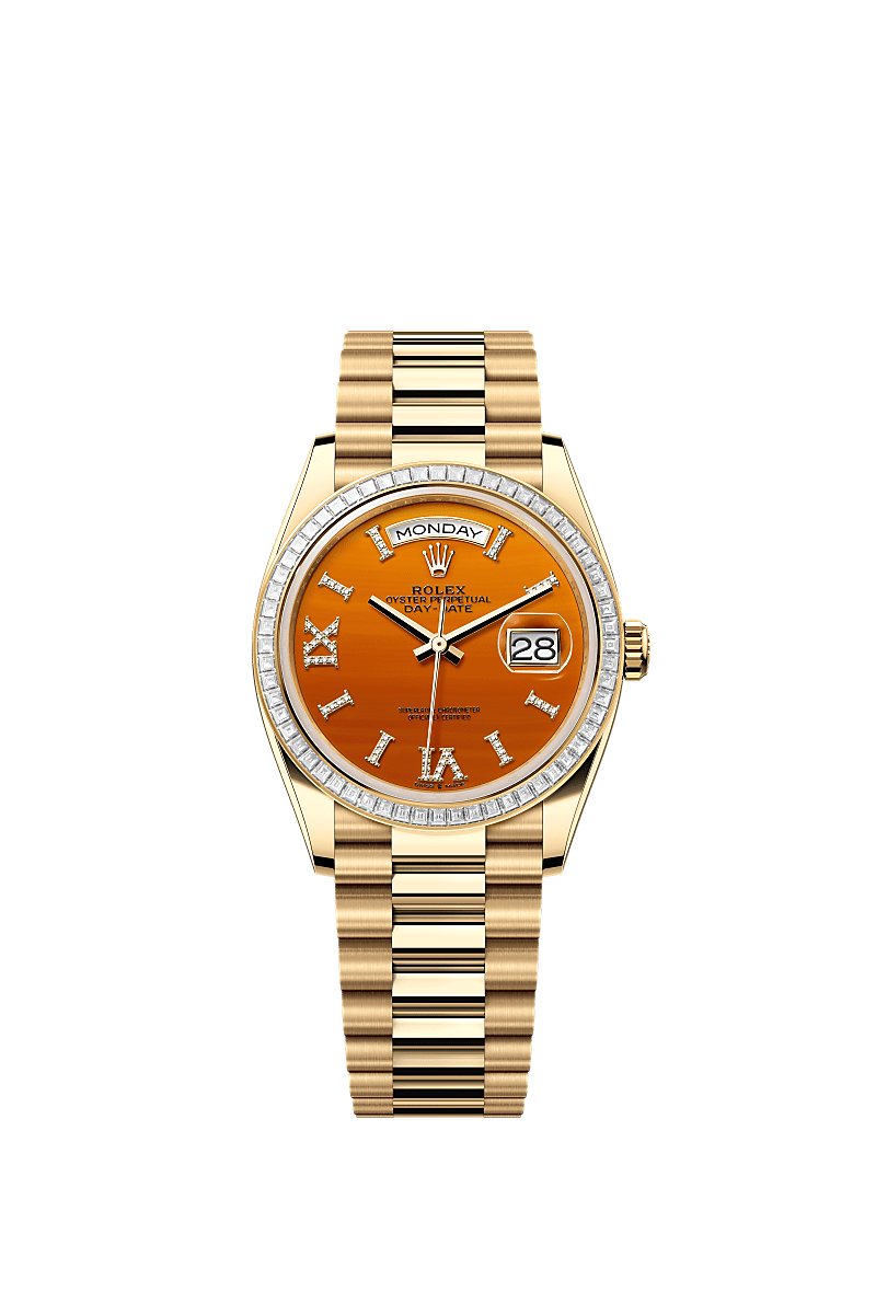 Day-Date 36, Oyster, 36 mm, ouro amarelo e diamantes, Mostrador : Cornalina, cravejado com diamantes, Rolex