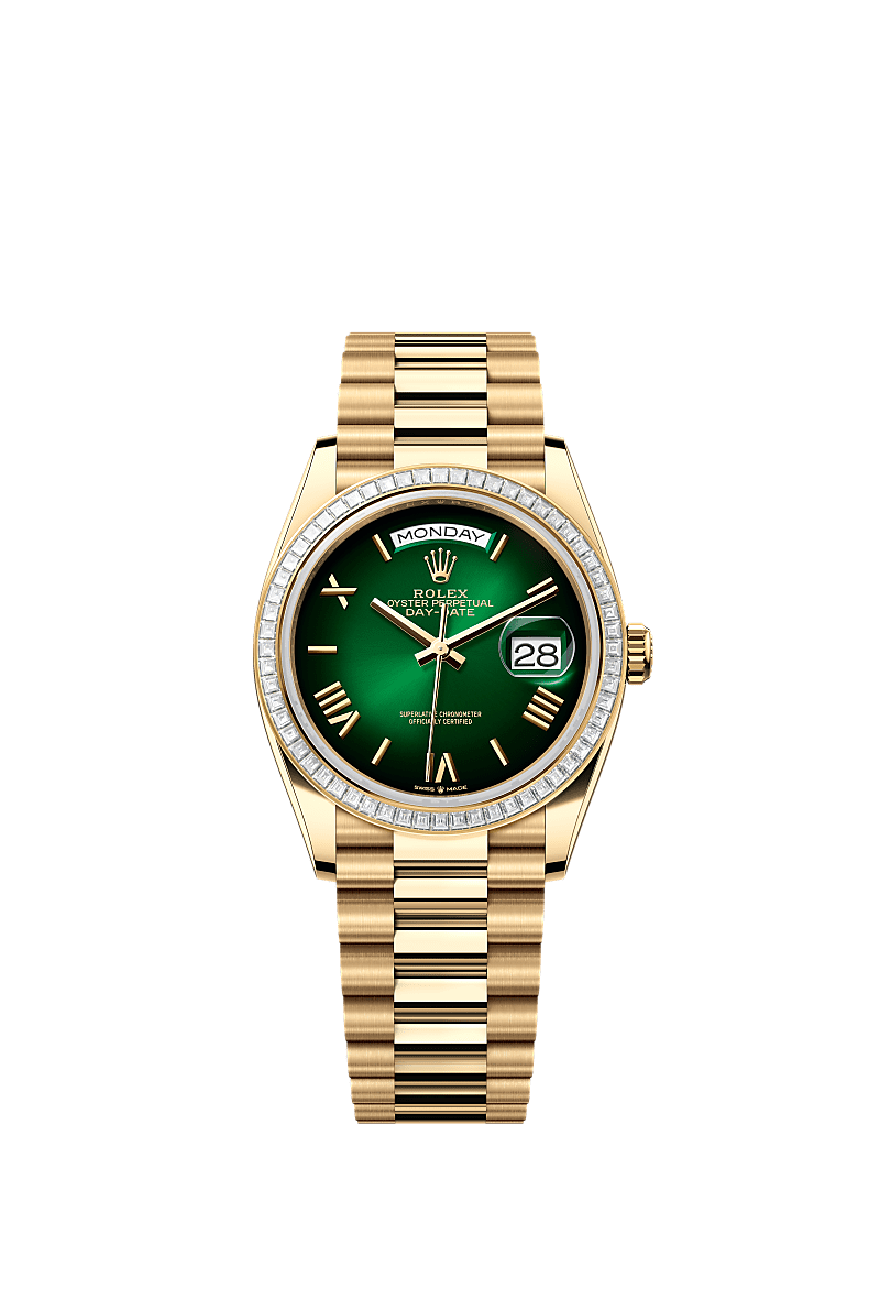 Day-Date 36, Oyster, 36 mm, yellow gold and diamonds, Dial : Green ombré, Rolex