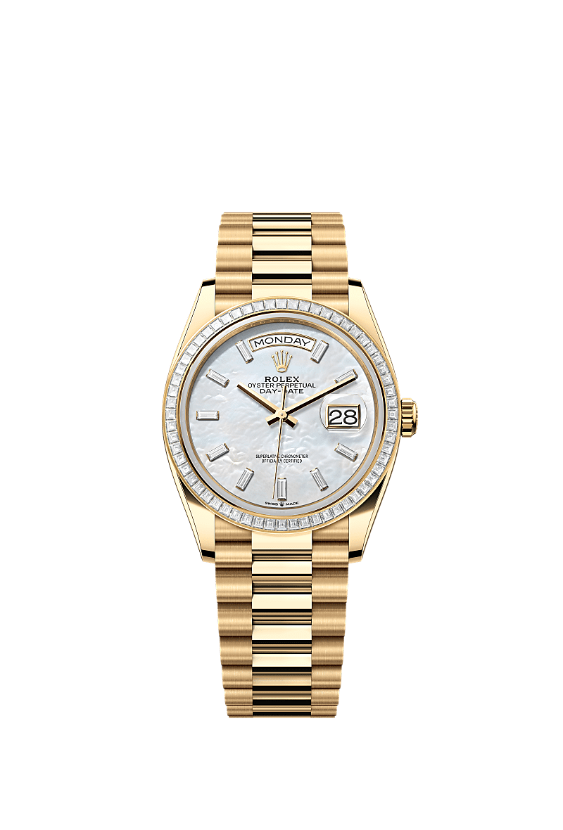 Day-Date 36, Oyster, 36 mm, emas kuning dan berlian, Dial : Lapisan mutiara putih, bertatahkan berlian, Rolex