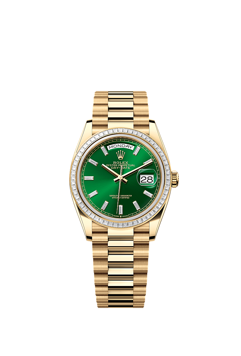 Day-Date 36, Oyster, 36 mm, yellow gold and diamonds, Dial : Bright green set with diamonds, Rolex