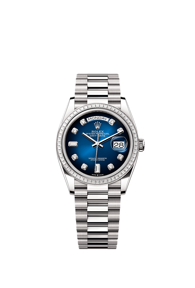 Day-Date 36, Oyster, 36 mm, white gold and diamonds, Dial : Blue ombré set with diamonds, Rolex