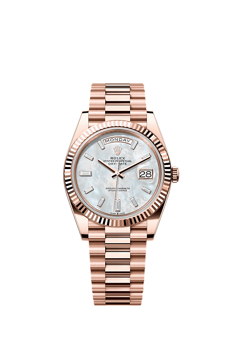 Day-Date 40, Oyster, 40 mm, ouro Everose, Mostrador : Madrepérola branca cravejado de diamantes, Rolex