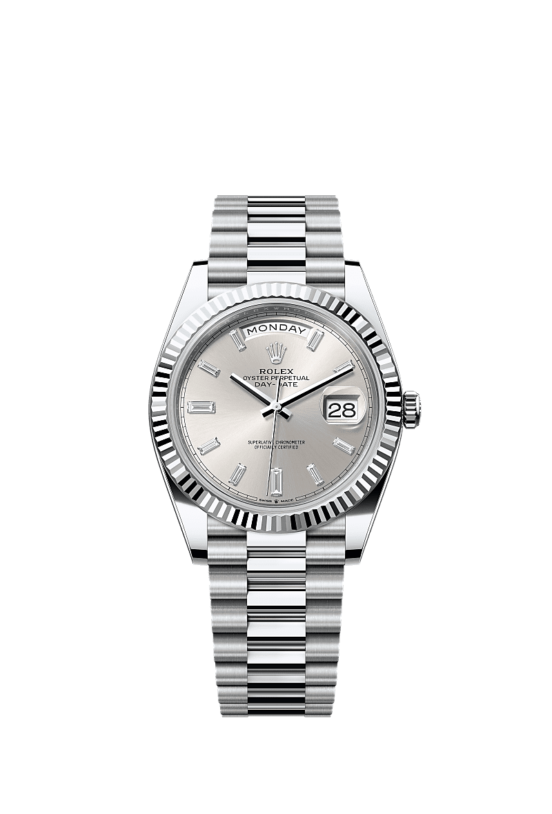 星期日历型 40, 蚝式，40毫米，铂金, 表盘 : 银色，镶钻石, Rolex