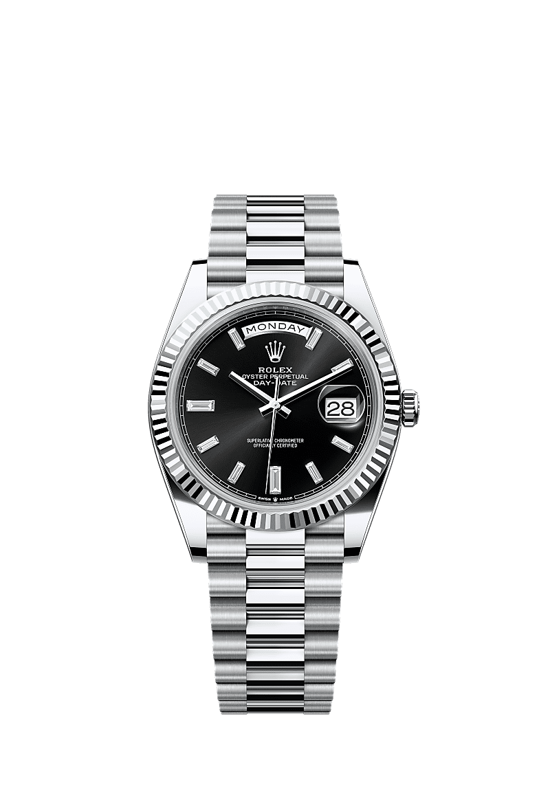 Day-Date 40, Oyster, 40 mm, platina, Mostrador : Preto vivo cravejado de diamantes, Rolex