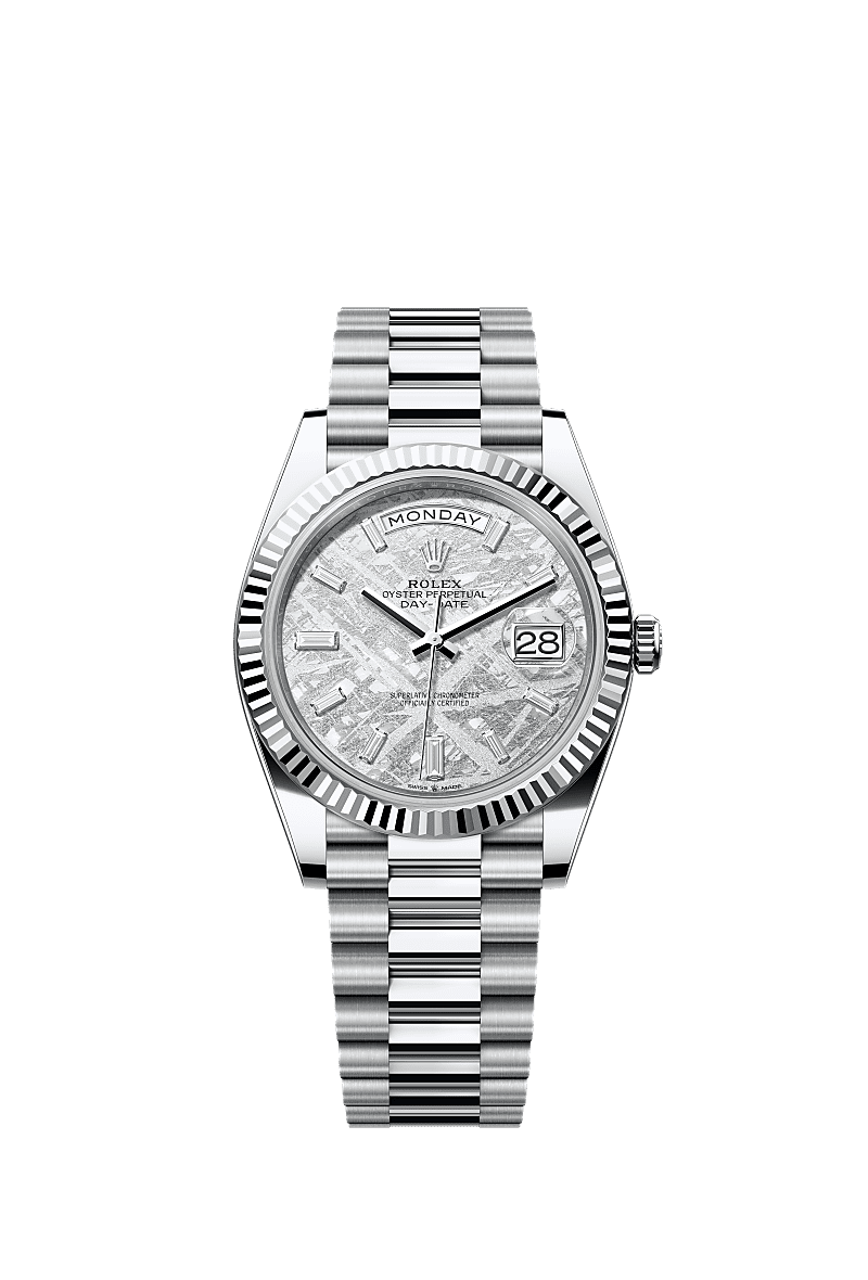 Day-Date 40, Oyster, 40 mm, platinum, Permukaan : Meteorit dipasangkan dengan berlian, Rolex