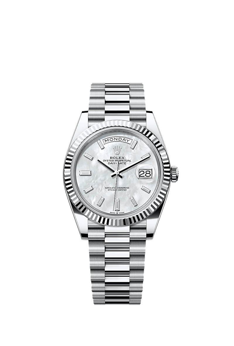 Day-Date 40, Oyster, 40 mm, Platin, Zifferblatt : Helles Perlmutt mit Diamanten, Rolex