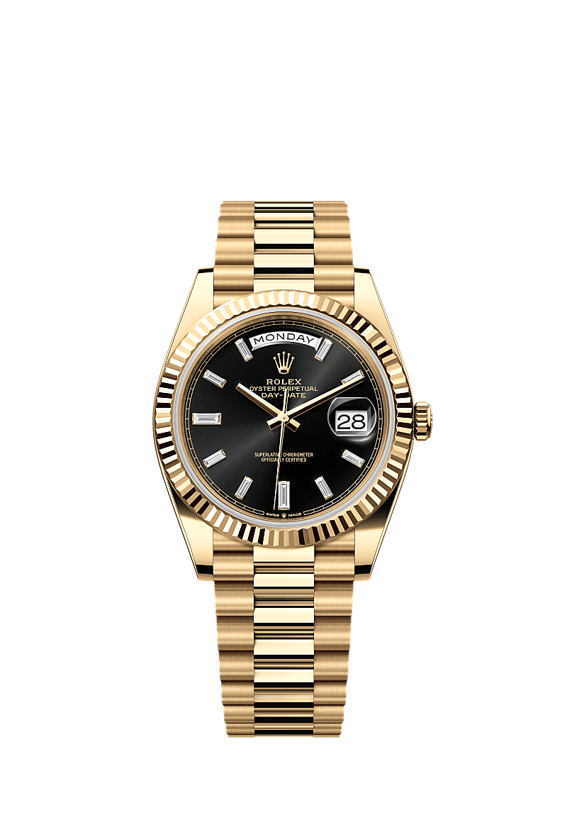 Day-Date 40, Oyster, 40 mm, ouro amarelo, Mostrador : Preto vivo cravejado de diamantes, Rolex