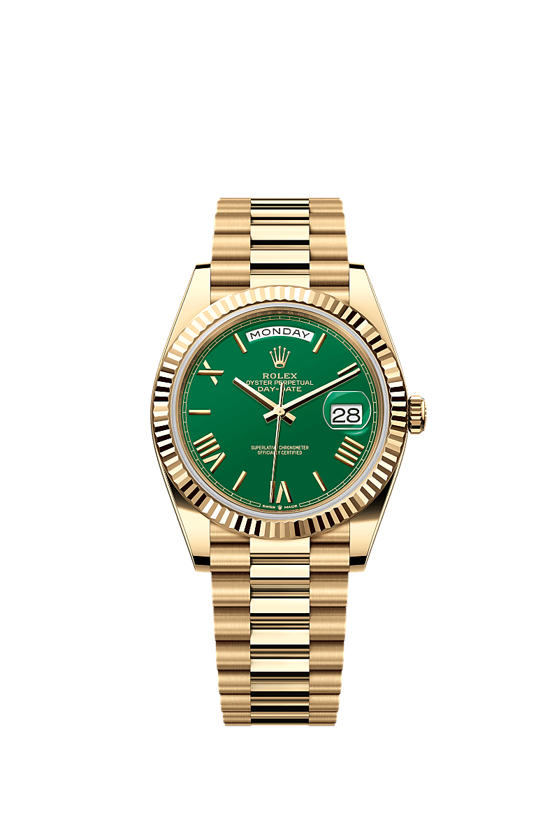 Day-Date 40, Oyster, 40 mm, vàng kim, Mặt đồng hồ : Xanh lá cây, Rolex