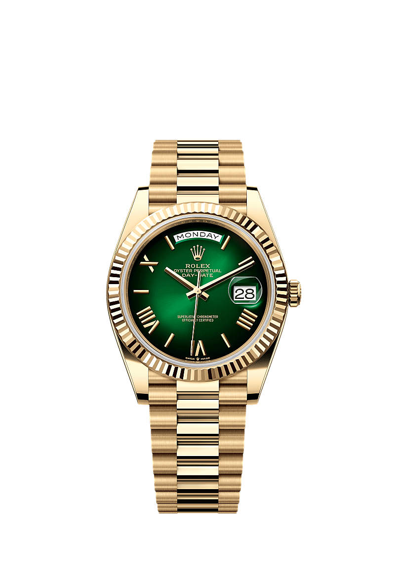 Day-Date 40, Oyster, 40 mm, sarı altın, Kadran : Gölgeli yeşil, Rolex
