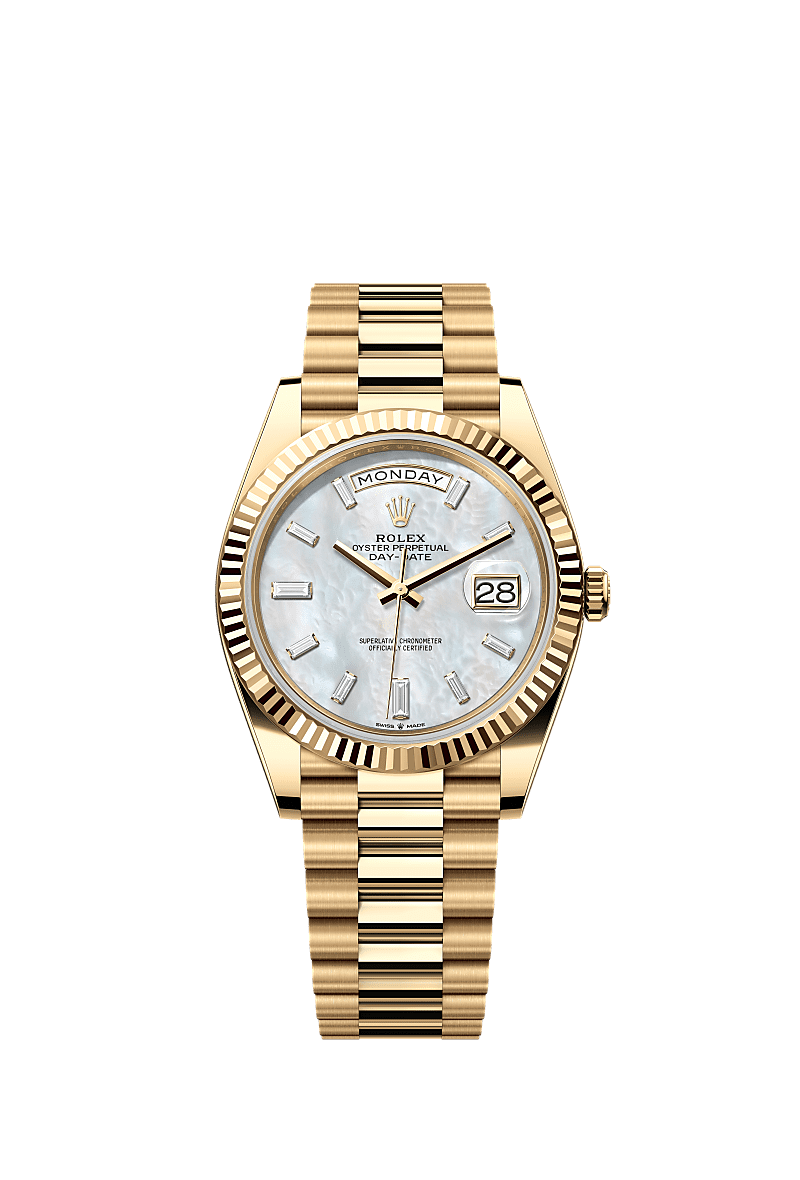 Day-Date 40, Oyster, 40 mm, or jaune, Cadran : Nacre blanche, serti de diamants, Rolex