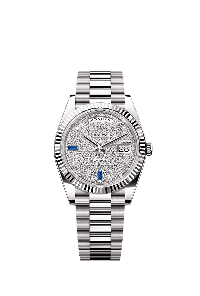 Day-Date 40, Oyster, 40 mm, ouro branco, Mostrador : Pavê de diamantes e safiras, Rolex