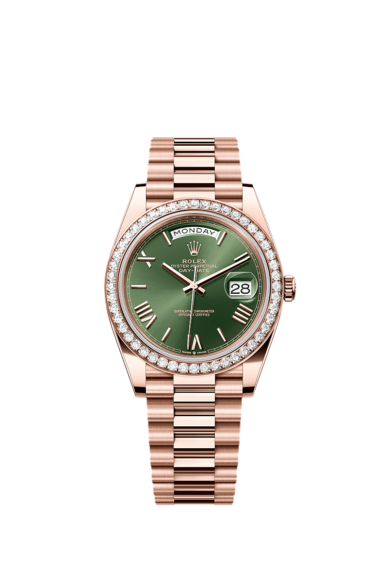 Day-Date 40, Oyster, 40 mm, ouro Everose e diamantes, Mostrador : Verde-oliva, Rolex