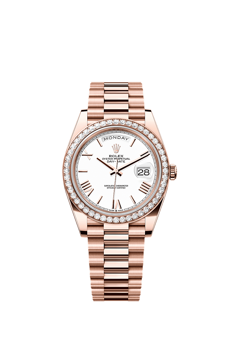 Day-Date 40, Oyster, 40 mm, ouro Everose e diamantes, Mostrador : Branco, Rolex