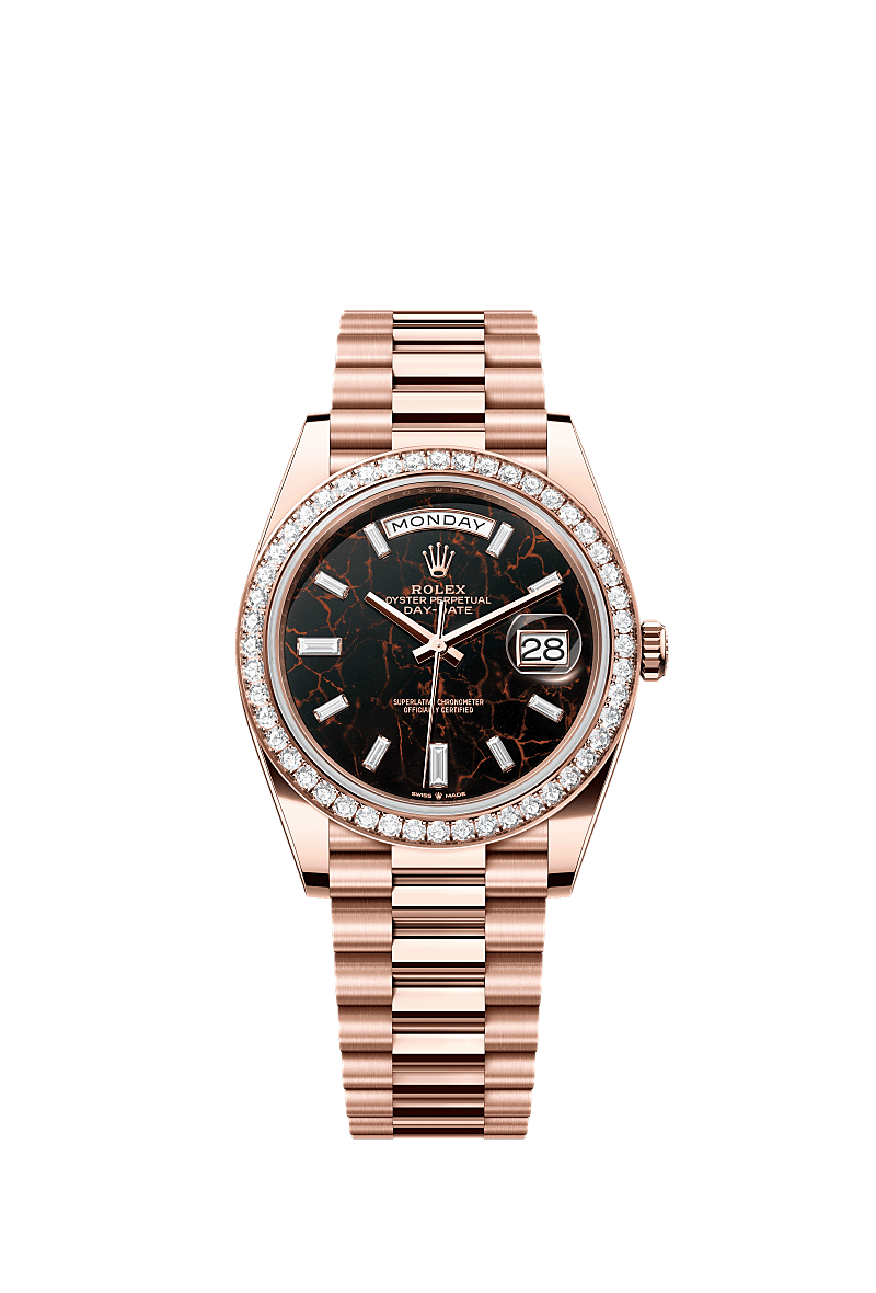 Day-Date 40, Oyster, 40 mm, Everose gold and diamonds, Dial : Eisenkiesel set with diamonds, Rolex