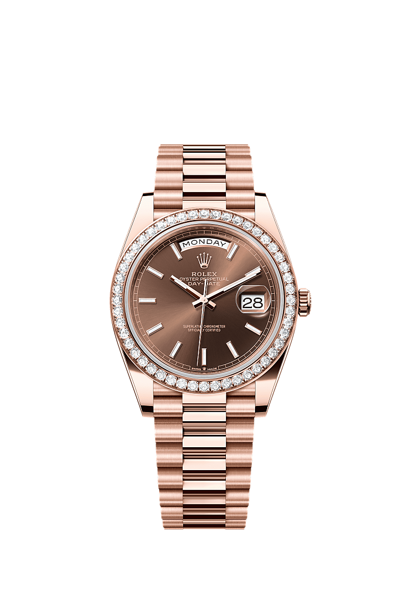 Day-Date 40, Oyster, 40 mm, Everose altın ve pırlanta, Kadran : Çikolata rengi, Rolex